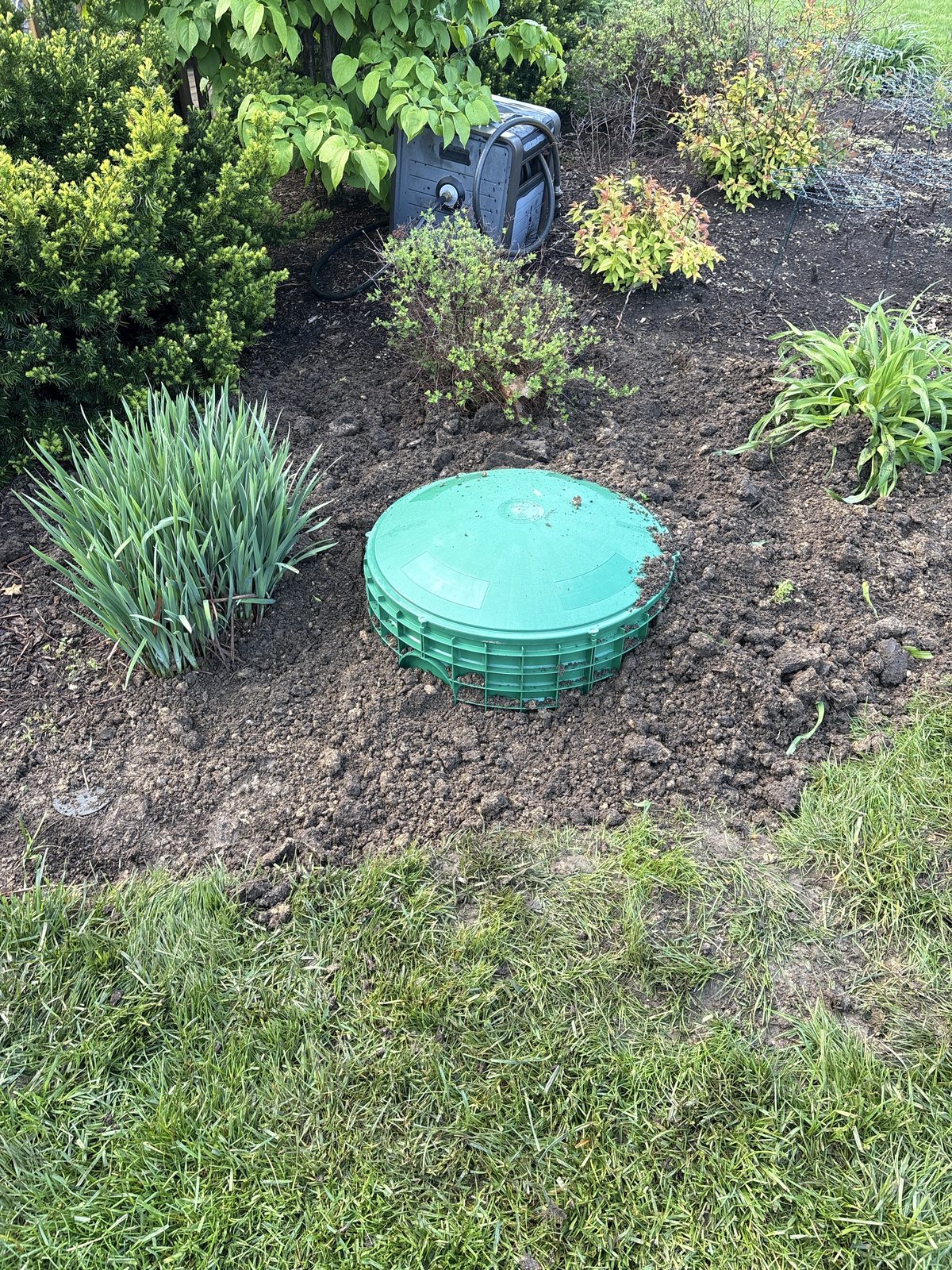 Septic lid sitting neatly in a flowerbed after service